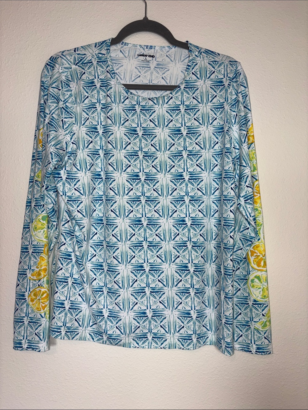 Lands' End Blue Long-Sleeve Rash Guard  Blue Geometric with Citrus Detailing